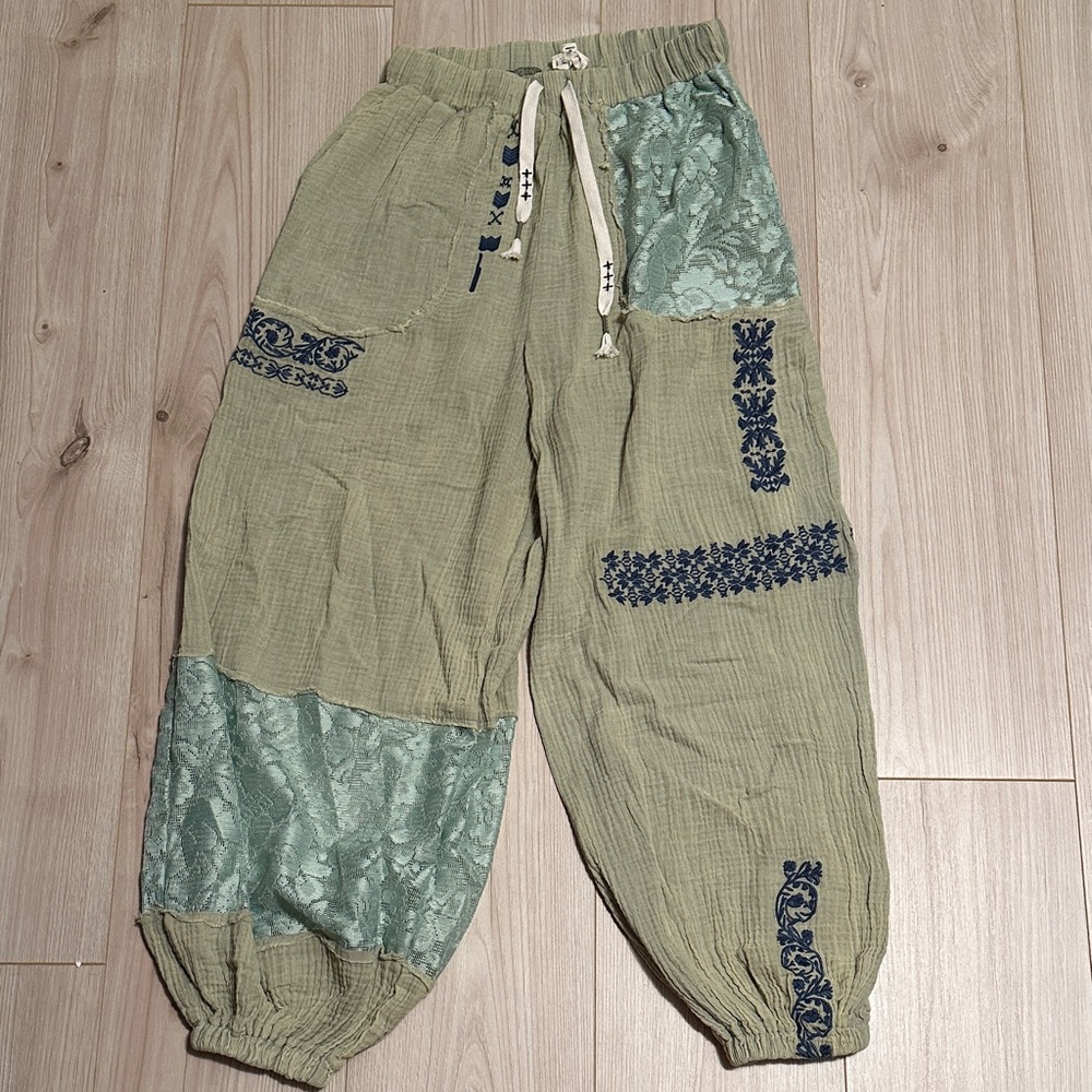 POL Pants in Green lace and Blue embroidery.